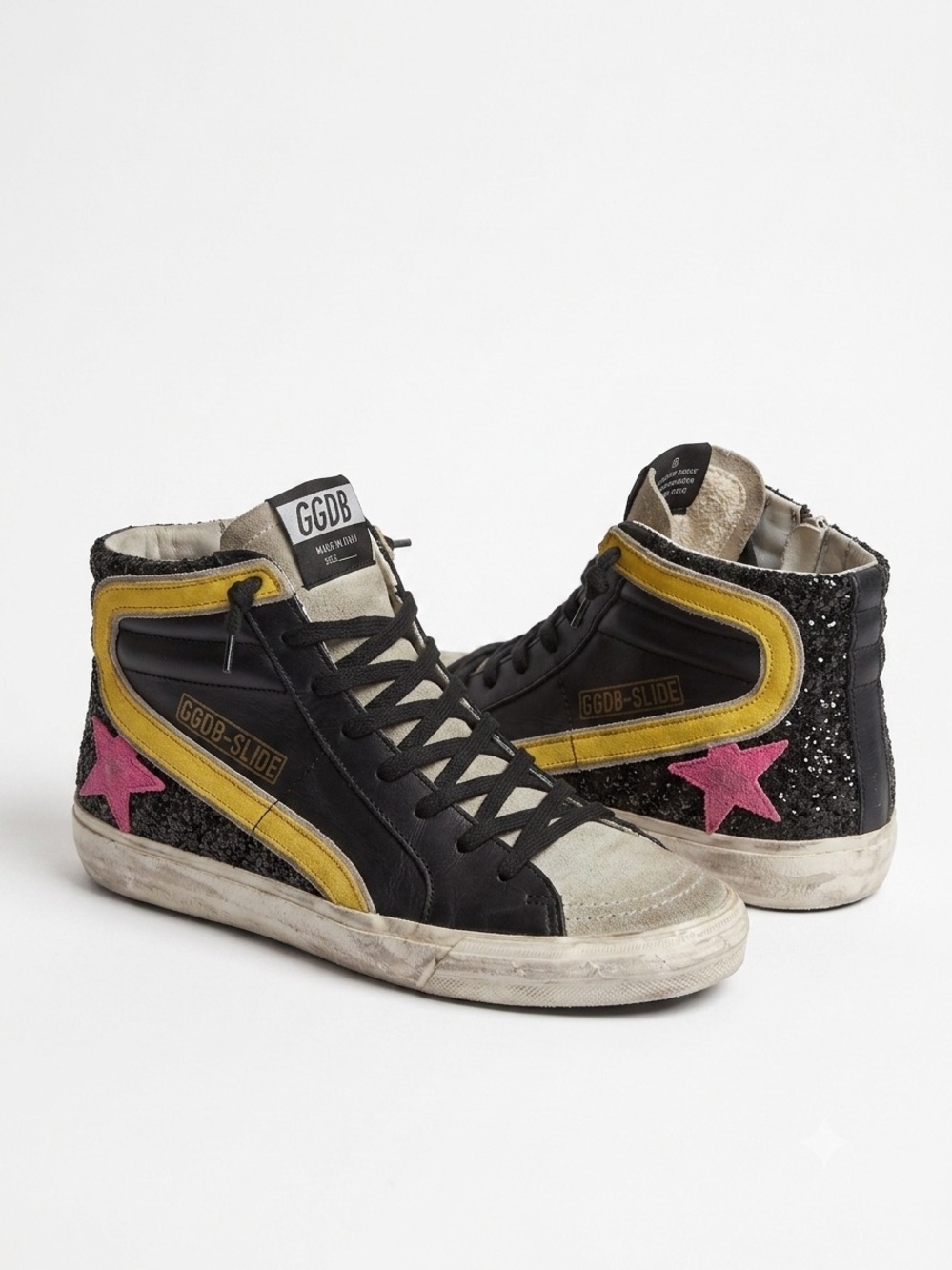 Golden Goose Black Yellow Pink Glitter High-Top Sneakers